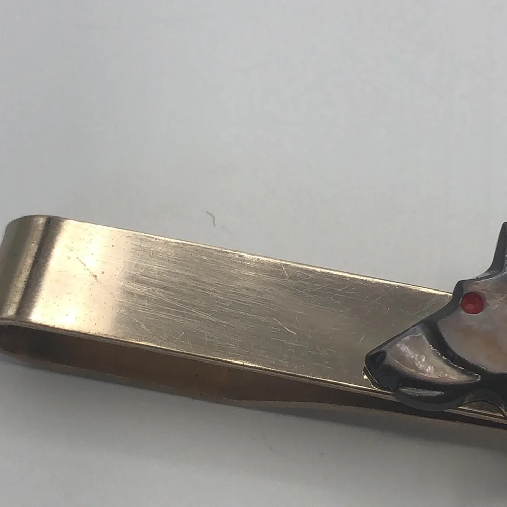 Mid century Mother of pearl dog head Cufflinks & Tie Bar VTG